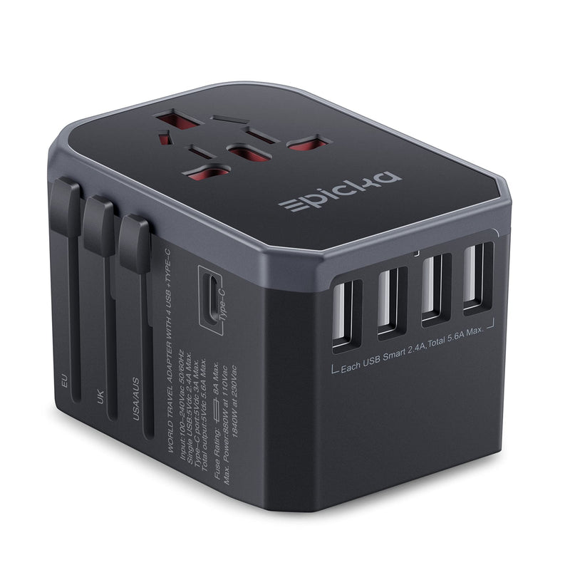 EPICKA Universal Travel Adapter One International Wall Charger AC Plug Adaptor with 5.6A Smart Power and 3.0A USB Type-C for USA EU UK AUS (TA-105, Grey) 1