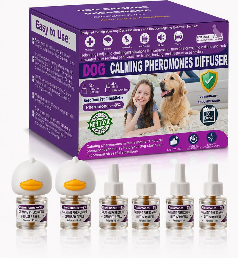 Dog Calming Pheromones Diffuser & 6 in 1 Kit Appeasing Dog Pheromone Diffuser Kit to Calm (2 Plug in+4 x48ml Refill) Calming Diffuser for Dog Reduce Anxiety Fighting Barking Stress 120 Day Supply Purple