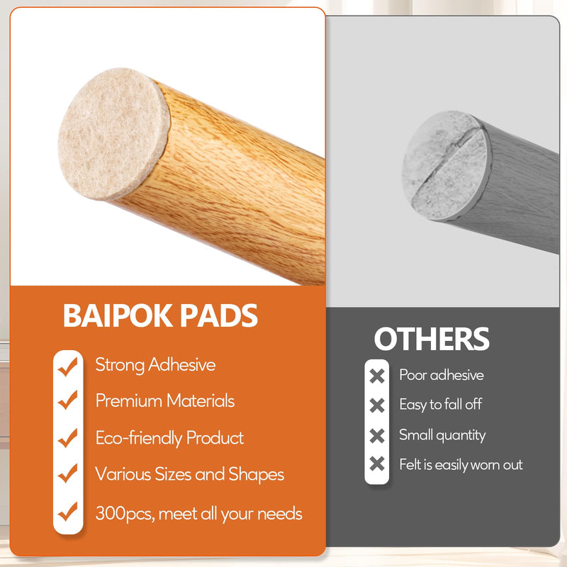Furniture Pads 300 Pack Premium Furniture Felt Pads (Beige), Huge Quantity Self Adhesive Anti Scratch Floor Protector for Furniture Legs Hardwood with 60 Cabinet Door Bumpers Beige