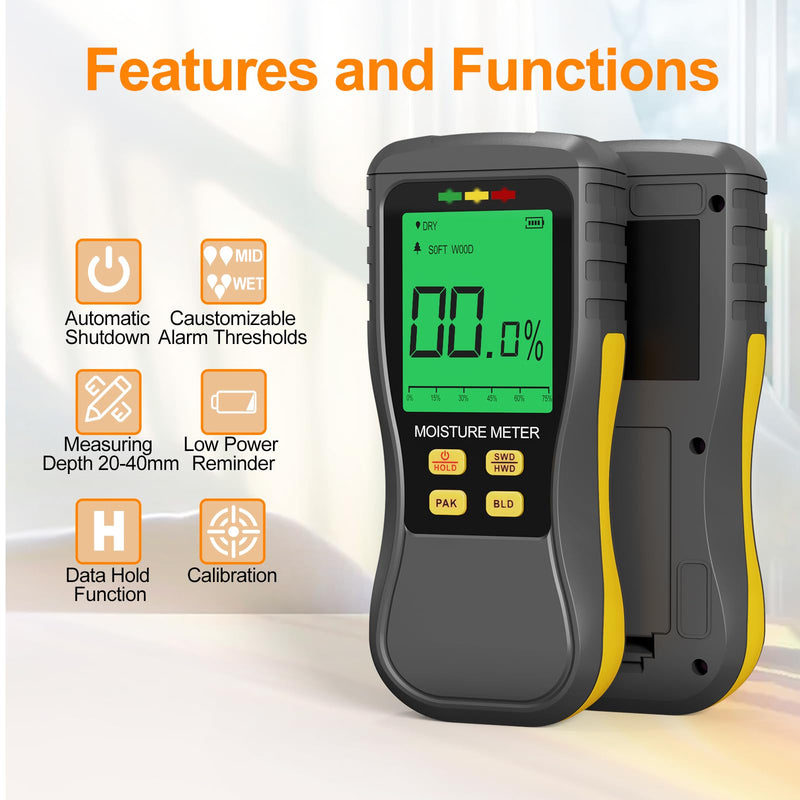 Pinless Moisture Meters, Accurate Digital Wood Moist Testing, Non-Destructive Moisture Detection in Drywall, Moisture Water Leak Detector for Lumber, Building, Humidity Tester, Non-Invasive