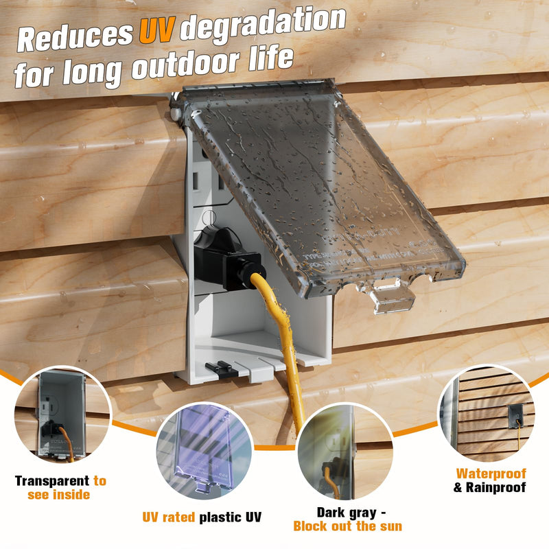 Recessed Outlet Box, DBVS1C-1 Low Profile Electrical Outlet Box, Wall Plate Kit for New Vinyl Siding, Enclosed Weatherproof Outlet Box with Duplex & Decorator Style Covers, 1-Gang, Vertical, Clear Vertical; 1-Gang