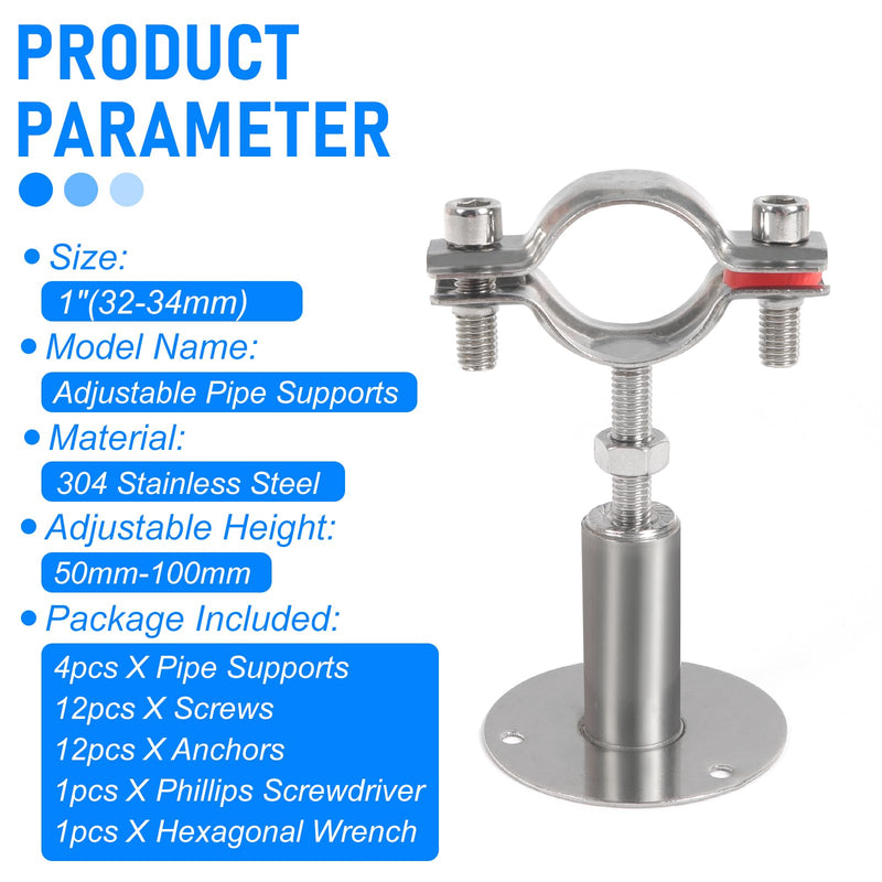 Kodilin 4PCS 304 Stainless Steel Wall Mount Ceiling Mount Pipe Supports,Suitable for OD Pipe 1"(32-34mm),Adjustable Height 50-100mm,Adjustable Pipe Strap Clamp with Screws 1"(32-34mm)