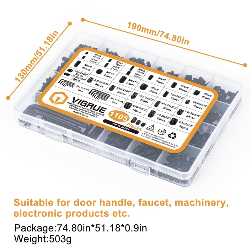 VIGRUE 1105PCS 25 Sizes Metric & SAE Set Screw Assortment Kit Internal Hex Drive Allen Grub Screws Set Cup-Point Alloy Steel, M3 to M8 and 1/8-40 to 5/16-18 Black