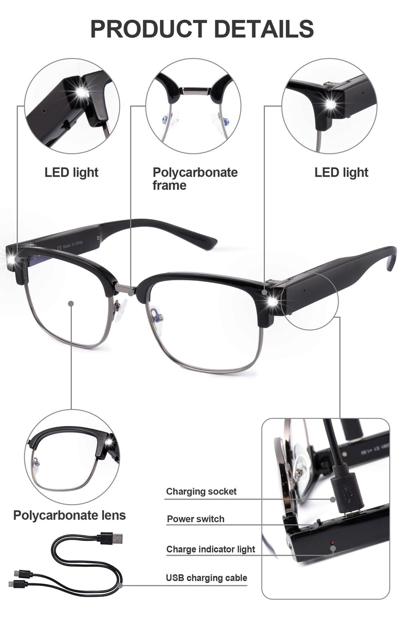 OKH Reading Glasses with Light Metal Frame Magnifier Reading Glasses Rechargeable Bright Led Readers Glasses for Men Women Black 2.0 x