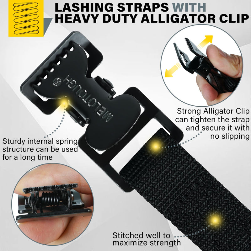 MELOTOUGH 4Pk 1" x 12ft Lashing Strap with Alligator Thumb Buckle Cargo Secure Webbing Up to 450lbs,Ladder Straps,Tie Down Straps,Utility Straps with Clips,Black 12 ft Black