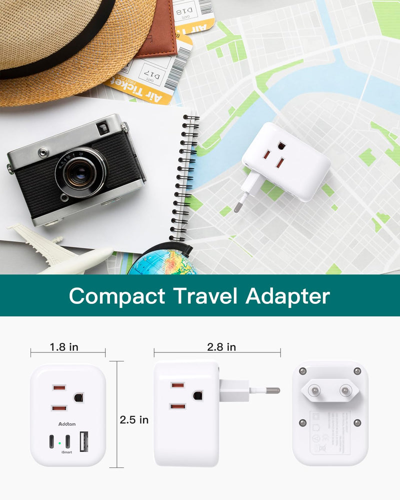 European Travel Plug Adapter, Addtam International Power Adapter with 3 Outlets 3 USB Charging Ports(2 USB C), Type C Adapter Travel Essentials to Most Europe EU Spain Italy France