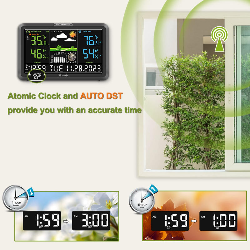 DreamSky Weather Station Indoor Outdoor Thermometer Wireless with Digital Atomic Clock for Home, Large Display with Dimmer, USB Port, Inside Outside Temperature Humidity Monitor (Adapter Powered) Black (Plug-in)