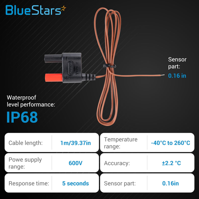 BlueStars 80BK-A Type K Thermocouple, Temperature Bead Probe Compatible with Clamp Meters, Fluke Multimeter F17B+ F116C F87-V F28LL F179 F287 F289 F189
