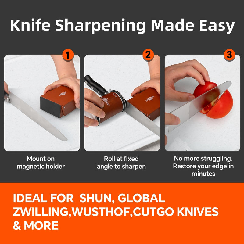 The Innovative Knife Sharpener - Patented Multi-Angle Premium Rolling Knife Sharpener with Extra Replacement Head for Chef's, Fruit, and All Steel Knives (Brown) Brown