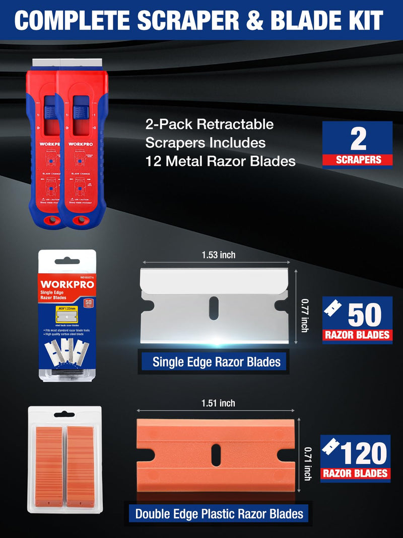 WORKPRO 2-Pack Retractable Razor Scrapers with 182 Metal & Plastic Blades 2 Pack + 182 Blades