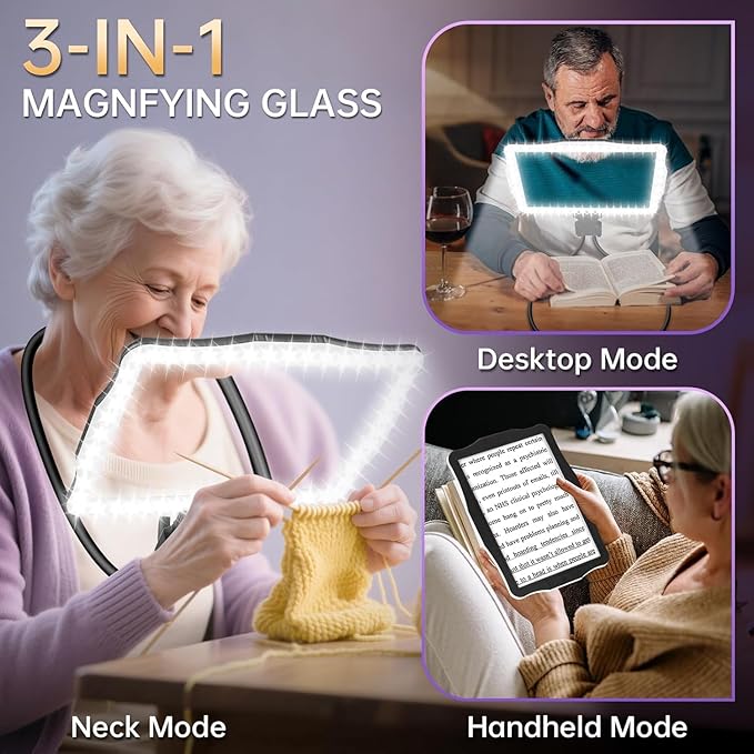 Large Hands-Free Magnifying Glass with 50 Ultra-Bright LED Light, Lightweight Lighted Neck Page Magnifier for Reading Books, Sewing, Knitting, Cross Stitch & Crafts for Close Work for Seniors