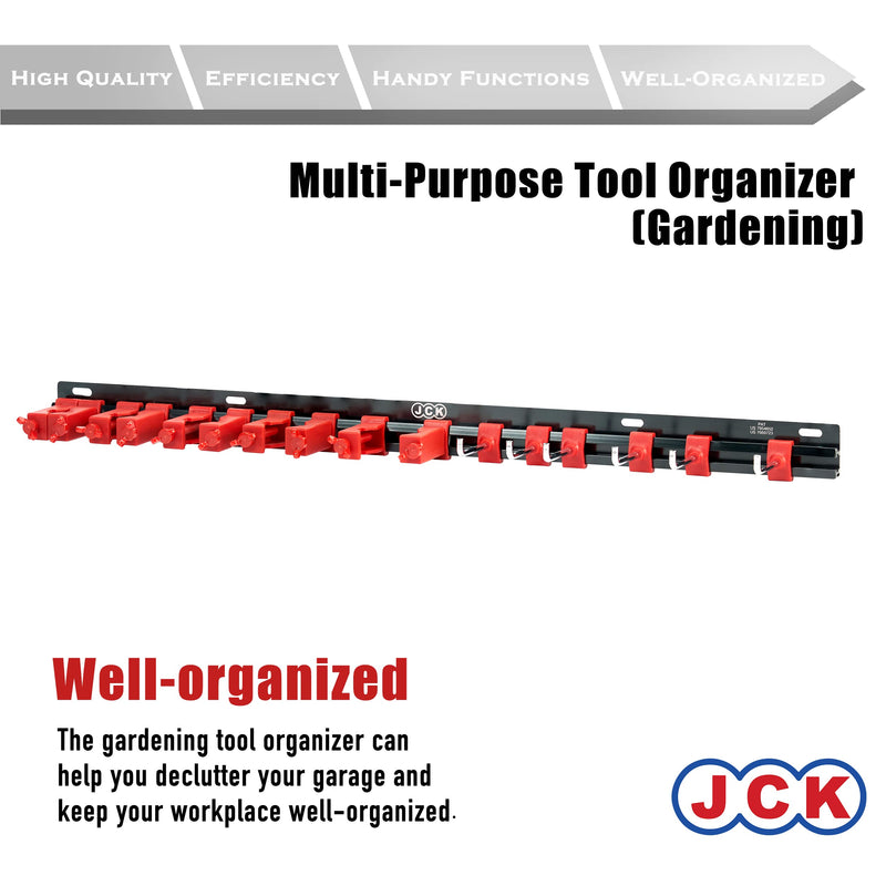 JCK Garage Tool Organizer Wall Mount, 5 Pair Clips and 6 Hooks | Aluminum wall rail with 5 PA66 clip pairs and 6 stainless steel hooks for garden tools, wrenches, garages, and workshops. Multi-Purpose Tool Organizer