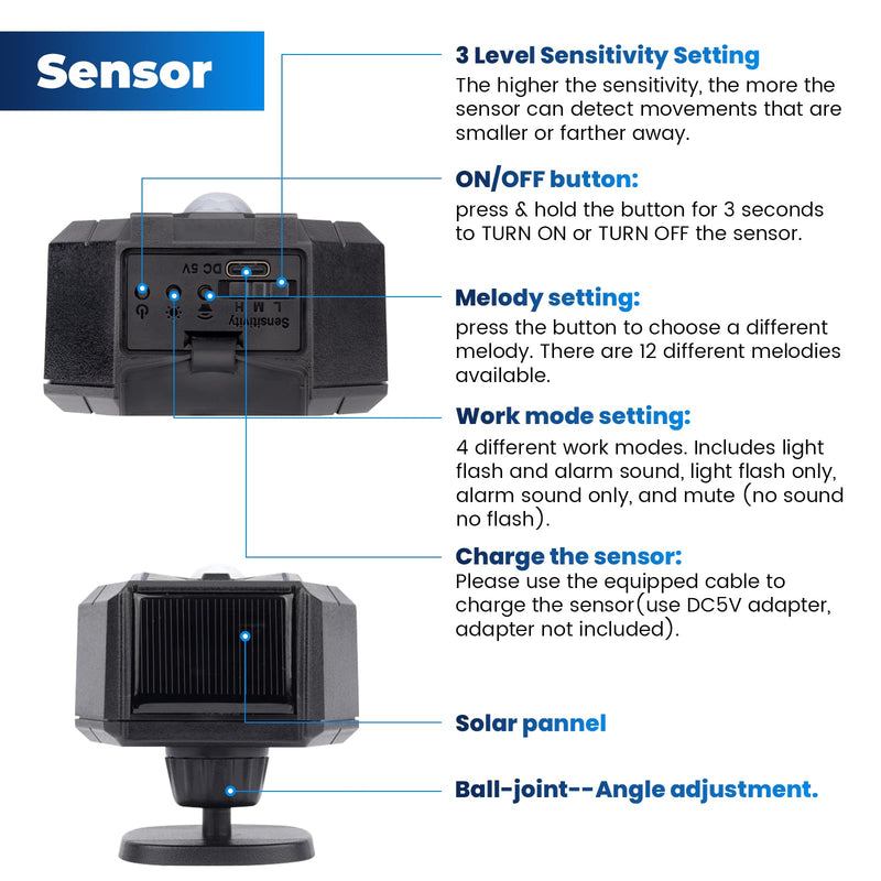 Solar Wireless Driveway Alarm Alert Outside 2000ft Range, Outdoor Motion Sensor & Detector Driveway Alert System with Rechargeable Battery/Weatherproof/Mute Mode/Expandable(1 Receiver and 2 sensors)