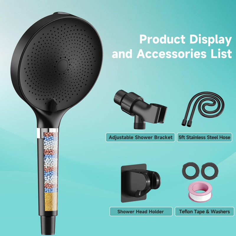 6“ Filtered Shower Head with Handheld, 6-Spray High Pressure Shower Head with Filter for Hard Water, Detachable Handheld Showerhead with Hose and Shower Arm Bracket, Matte Black Luxury Modern