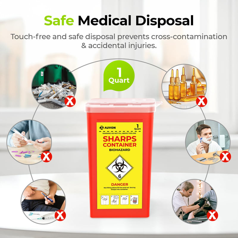AUVON Sharps Container for Home Use with Split Lid Design and Locking Mechanism, 1 Quart Needle and Syringe Disposal Containers, Portable Container for Travel and Professional Use, 1-Pack