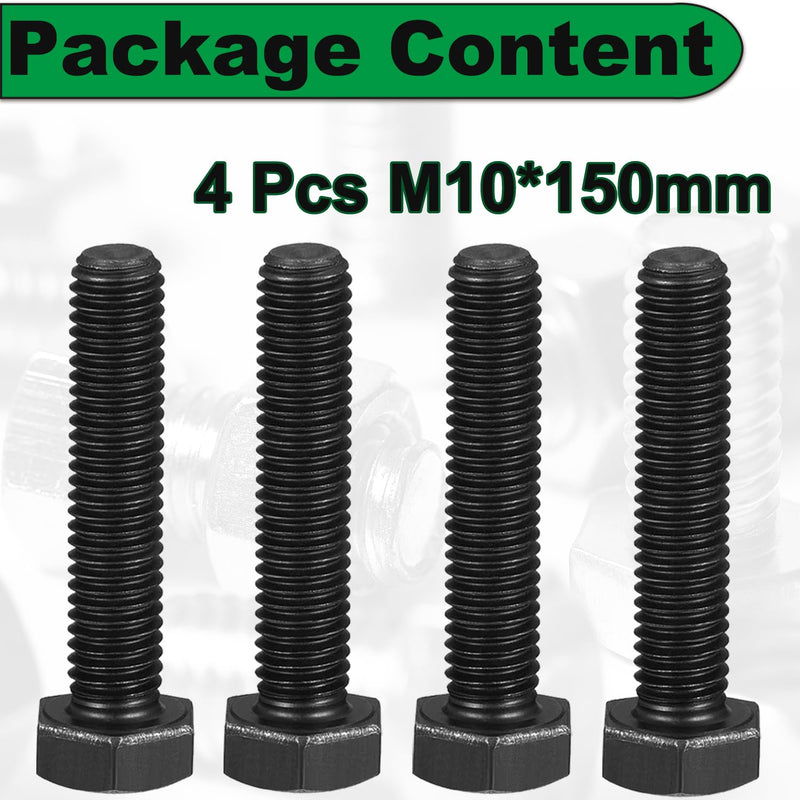 M10 x 150mm Hex Bolts, Long Screws, M10-1.5 x 6 Long 4pcs Carbon Steel Grade 8.8, Black Oxide Finish, Full Thread, Hexagon Head Bolts Right Hand External Hex Drive 4pcs M10