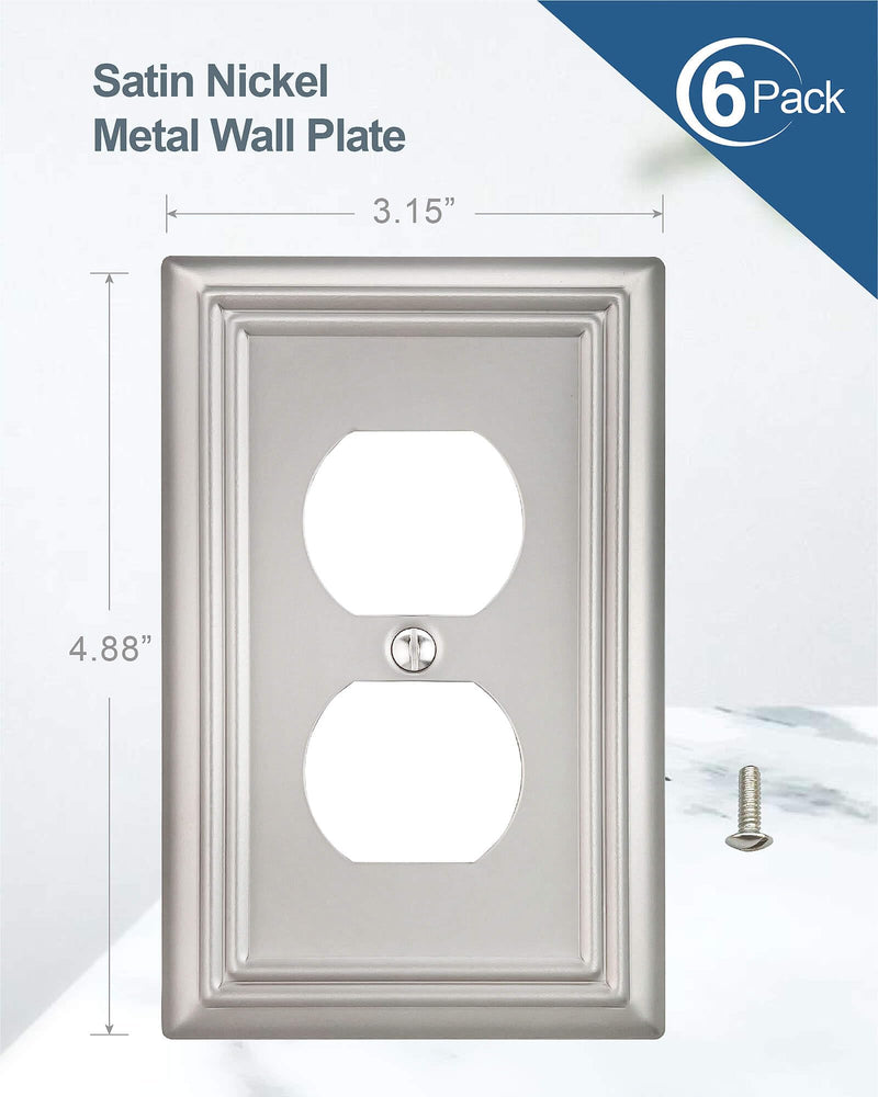6-Pack Duplex Wall Plate, Decorative Satin Nickel Outlet Cover, Metal Wall Plates for Electrical Outlets, 3.15''*4.88'', Midsize 1 Duplex 6PK