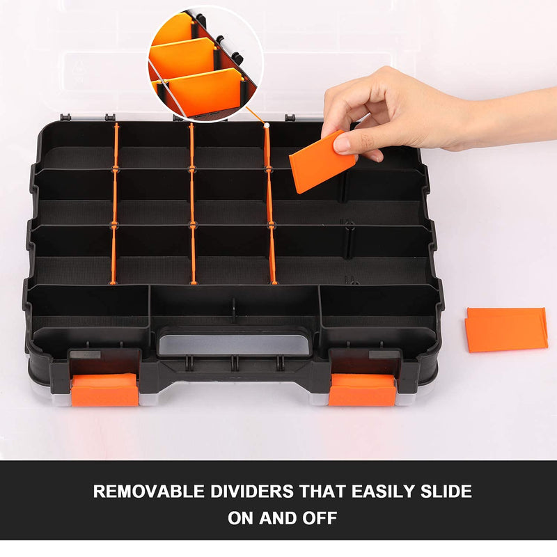 Mayouko Double Side Tools Organizer, Customizable Removable Plastic Dividers, Hardware Box Storage, Excellent for Screws,Nuts,Small Parts, 34-Compartment, Black/Orange,12.6"L x 10.6"W x 3.2"H 34 Compartments Orange
