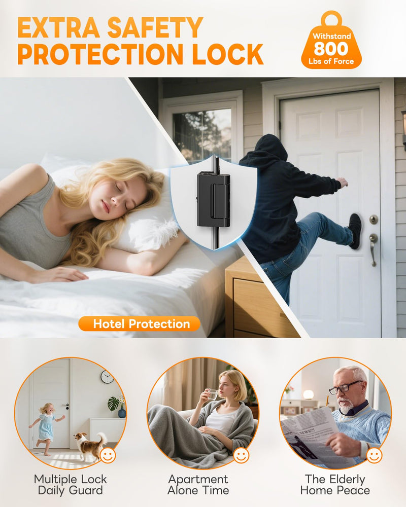 Portable Door Reinforcement Lock for Travel & Home, No Screws Instant Install Safety Lock for Inward Swing Front Door, Hotel, Apartment - Extra Latch from Inside Withstand 800lbs (Black-3PCS) Black-3PCS