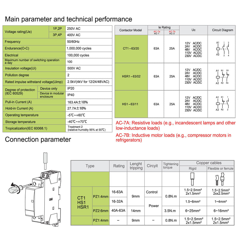 Heschen Household AC Contactor HSR1-63 2 Pole Two Normally Closed 220V/230V Coil Voltage 35mm DIN Rail Mount
