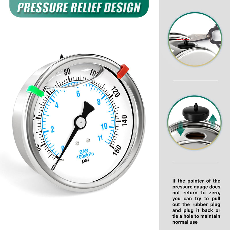 0-160PSI Stainless Steel Liquid Filled Pressure Gauge, 4" Dial Size, 1/4" NPT Back Mount, for Tube, Water Pump, Gas, Liquid, Pressure Test (with Range Mark Pointer) 0-160 psi Back Mount - 4" Dial
