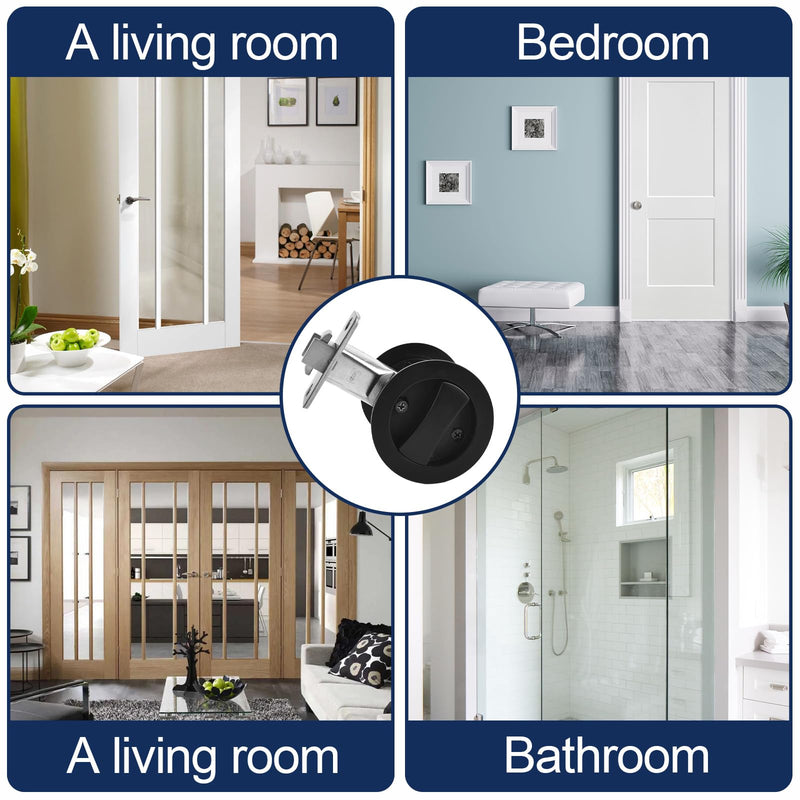 Matte Black Pocket Door Lock Zinc Alloy Pocket Door Latch, Double-Sided Sliding Door Handle Invisible Keyless Flush Pocket Door Hardware for Privacy Sliding Door, 2-3/8" Backset (Round) Round