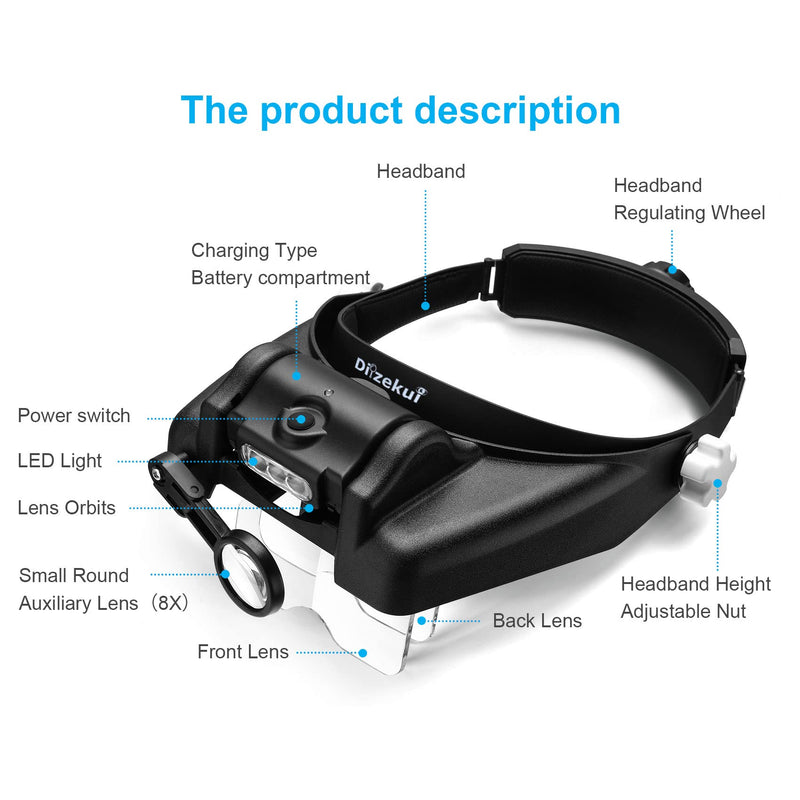 Head Magnifying Glasses with Light, Rechargeable Lighted Magnifying Glass 1X to 14X for Close Work, Magnifying Headset with Detachable Lens,Hands Free Head Magnifier for Jewelers Hobby Crafts Black