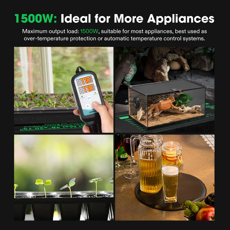 VIVOSUN 1500W Digital Temperature Controller, 2-Stage Outlet Thermostat Heating and Cooling Mode, Thermostat with Dual LED Display, for Homebrew Fermenter Greenhouse Terrarium, 110-240V 15A 1500W