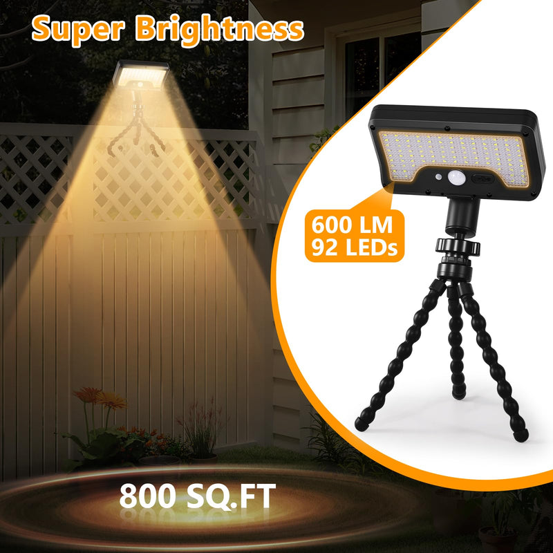 Solar Motion Lights Outdoor with Flexible Octopus Tripod, USB & Solar Powered Motion Sensor Lights with 92 LEDs(600LM,3000K), IP65 Waterproof Motion Activated Light for Fence, Camping, Gutter(2 Pack) Black/Warm Yellow（3000K） 2 Pack/Octopus Tripod
