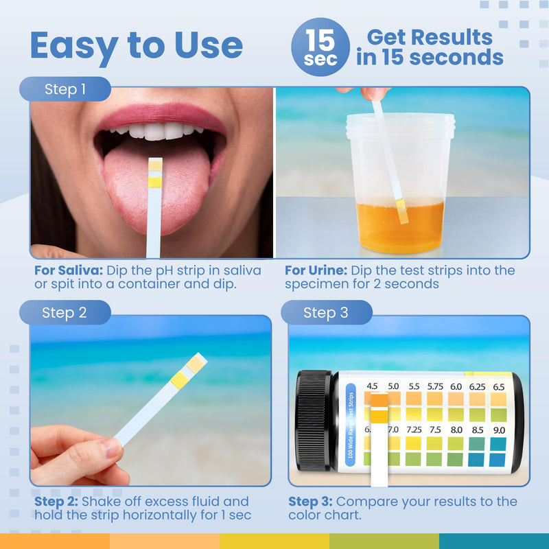 pH Test Strips for Urine & Saliva – 100 Easy-to-Use Strips for Fast, Accurate pH Testing at Home, Get Clear Acid-Alkaline Balance Results in Seconds, Perfect for Tracking Your Body's pH, 4.5-9.0 Range 100 Count (Pack of 1)