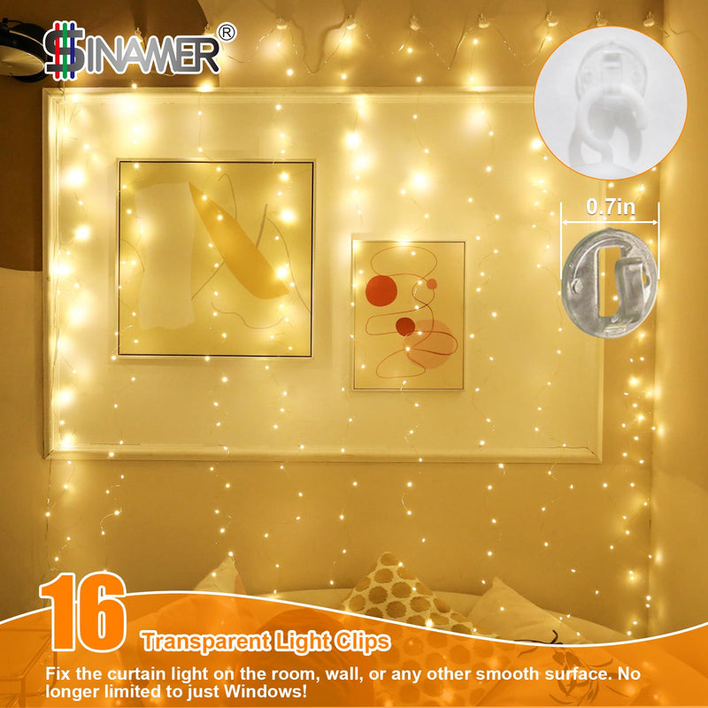 Warm White Curtain Light for Bedroom, 300 LED 9.8ft x 9.8ft Window Fairy Curtain String Light with 16 Hooks, 8 Models Remote Control for Wedding Party Home Garden Indoor Decorations Warm White 300L Silver Copper Wire