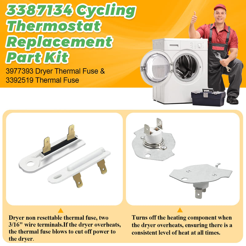 Upgraded 3387134 Cycling Thermostat 3977393 & 3392519 Dryer Thermal Fuse 3977767 High Limit Thermostat Replacement Part Kit by Techecook - Compatible for Whirlpool Kenmore Maytag Dryer