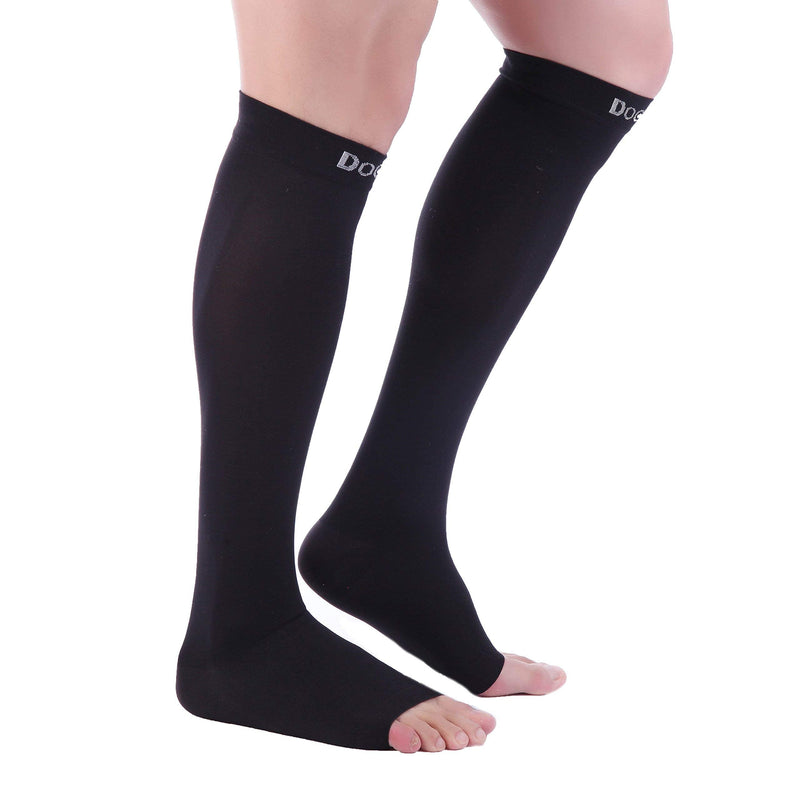 Doc Miller Open Toe Compression Socks, 20-30 mmHg, Toeless, Support Circulation, Shin Splints, Calf Recovery, Post Op, Knee High, Medical Grade, Black Socks, Large Size for Tall Men & Women, Pair Large Tall