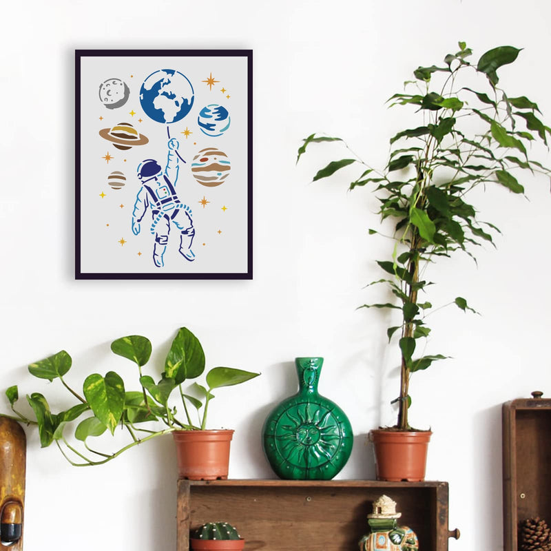 FINGERINSPIRE Astronaut Stencils 11.7x8.3 inch Plastic Outer Space Theme Drawing Painting Stencils Planet Earth Star Pattern Wall Stencils Reusable Stencils for Painting on Wood, Floor, Wall and Tile