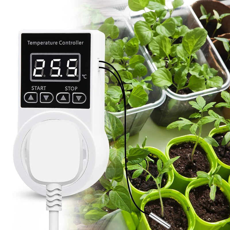 Digital Thermostat Plug Socket, Only Celsius Display LCD Screen Temperature Controller with Waterproof Sensor Probe, Heating Cooling Temperature Switch Outlet for Reptile Greenhouse Terrarium