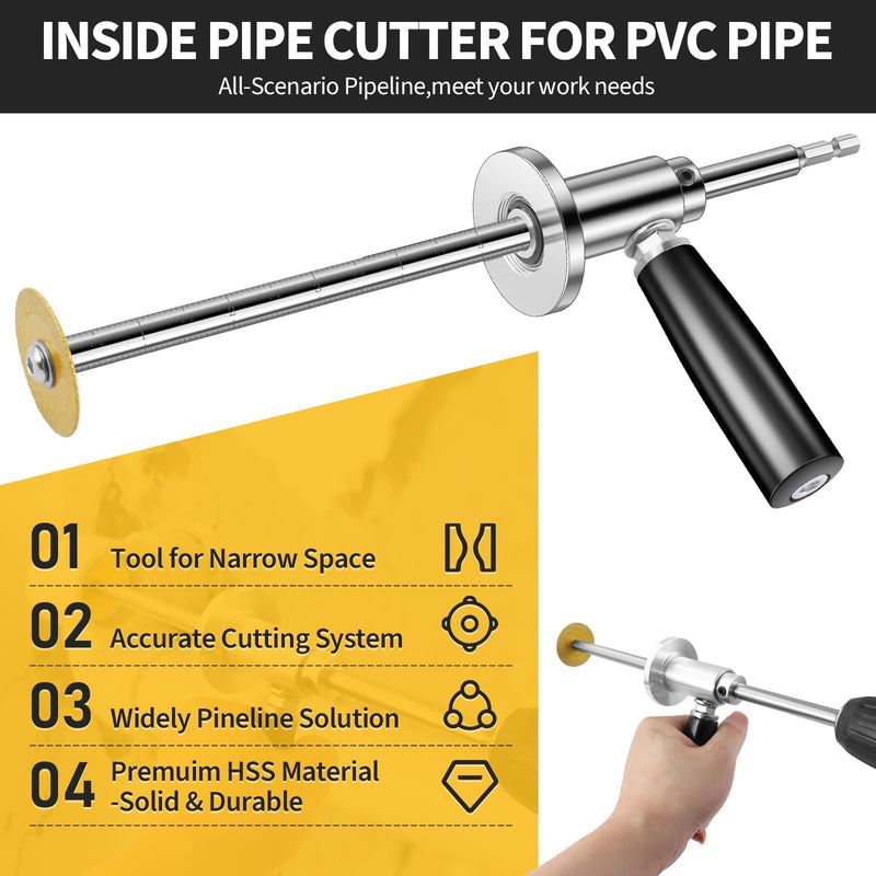 Inside/Internal Pipe Cutter for PVC Pipe, Professional PVC-ABS Pipe Cutter Tool with 7" Adjustable Depth Gauge, Stainless Handle, 5 Diamond Grit Cutting Blades, Gloves, 1/4" Hex Shank and Wire Saw