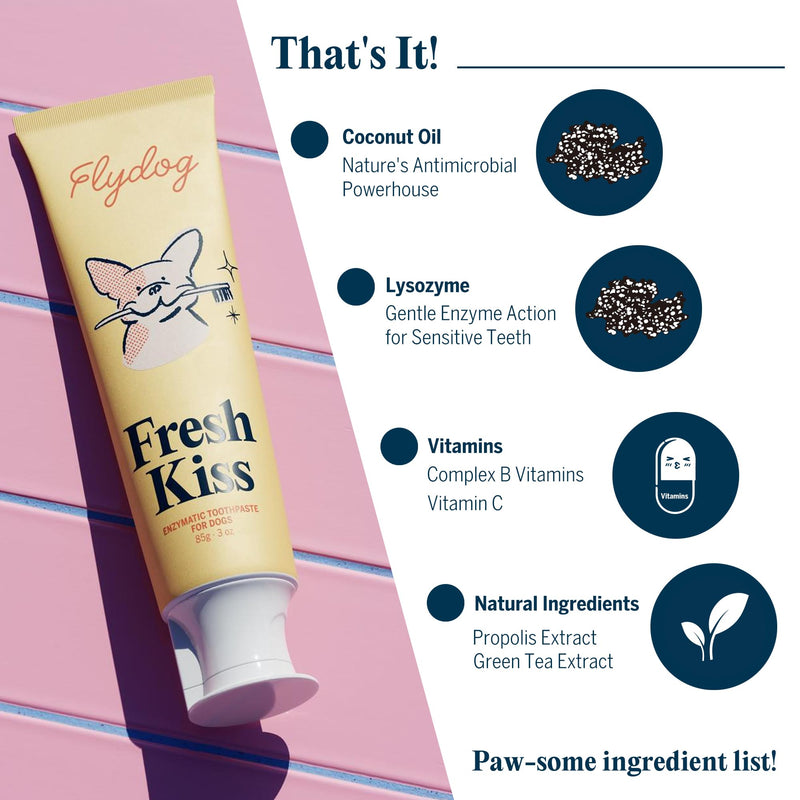 FlyDog Fresh Kiss Enzymatic Dog Toothpaste Kit - Vet Approved Organic Fomula with Coconut Oil, Tartar Remover for Dogs & Cats, 2 Tubes Pack with Toothbrushing Calendar & Brush Guide, Mint Flavor Mild Mint - PawsPlanet Australia