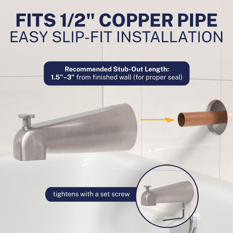 HammerHead Showers Solid Metal Tub Spout with Diverter, Slip On Bath Tub Spout for ½” Copper Pipe, Easy Install Bathtub Faucet, Brushed Nickel