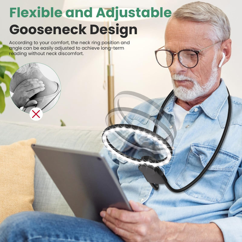 Hands Free Magnifying Glass with Light for Reading, 10X Neck Magnifying Glass with Light for Close Work with Real Glass Lens, Flexible Gooseneck Large Magnifier for Low Vision Elderly and Seniors