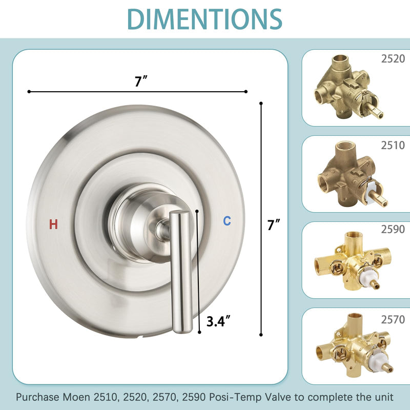Replacement for Moen Posi-Temp Valve Only Shower Faucet Trim Kit (Valve& Catridge Not Inclued), Volume and Temperature Control Level Handle, Brushed Nickel