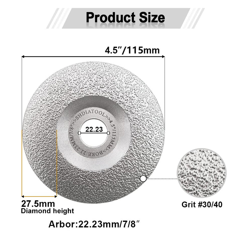 SHDIATOOL Diamond Grinding Cup Wheel 4-1/2 Inch for Granite Marble Iron Steel Masonry Convex Vacuum Brazed Grinding Disc Fits 7/8 Inch Arbor 115mm 115mm(4-1/2 In.)