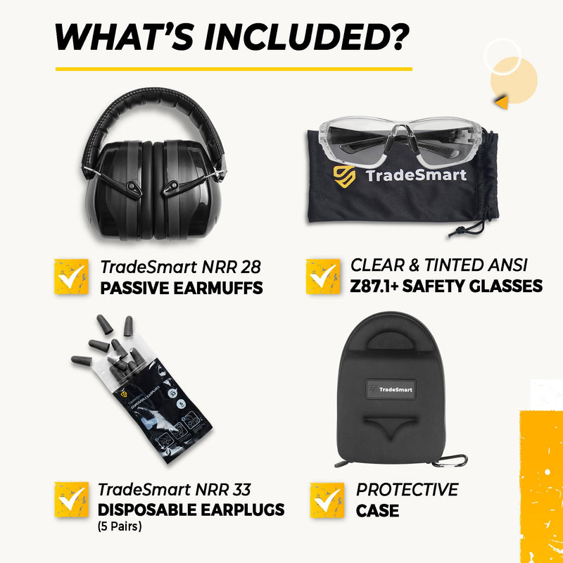 TradeSmart All-in-One Shooting Ear Protection - Comfort+ NRR 28 Earmuffs, Glasses & Earplugs + Carry Case Clear Glasses - Grey