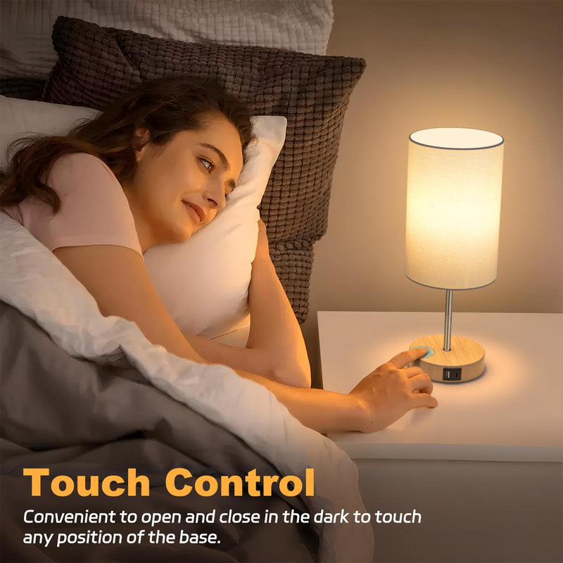 AKASUKI Table Lamp for Bedroom, 3 Way Dimmable Touch Lamp with Dual Charging Station, Small Bedside Lamps for Night Stands, Living Room, Office(LED Bulb Included) Cream Shade-Wood Base 14.25 in