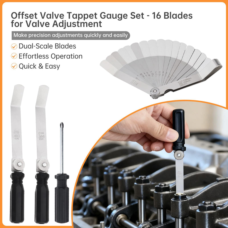 Offset Valve Tappet Gauge Set, 16-Blades Feeler Gauge with Two Handles (0.005" - 0.020 inch/0.127mm - 0.508 mm Dual Size) & Screwdriver