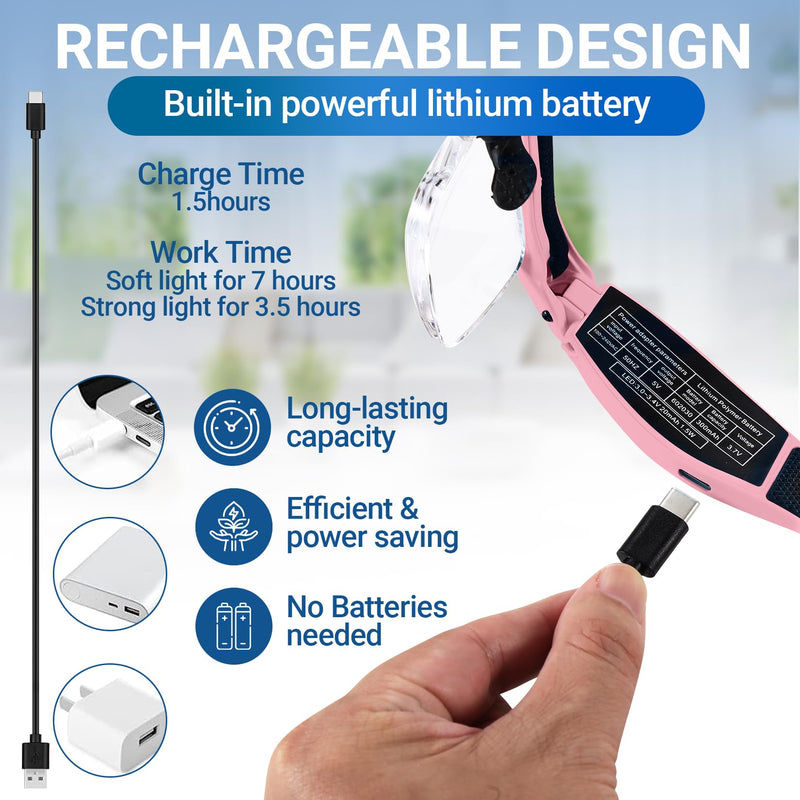 YOCTOSUN Magnifying Glasses with Light, Rechargeable Magnifying Headset with 5 Detachable Lenses 0.75X-4.0X and 3 LED Lights, Hands Free Headband Magnifier for Close Work Hobby Crafts Jewelry Pink