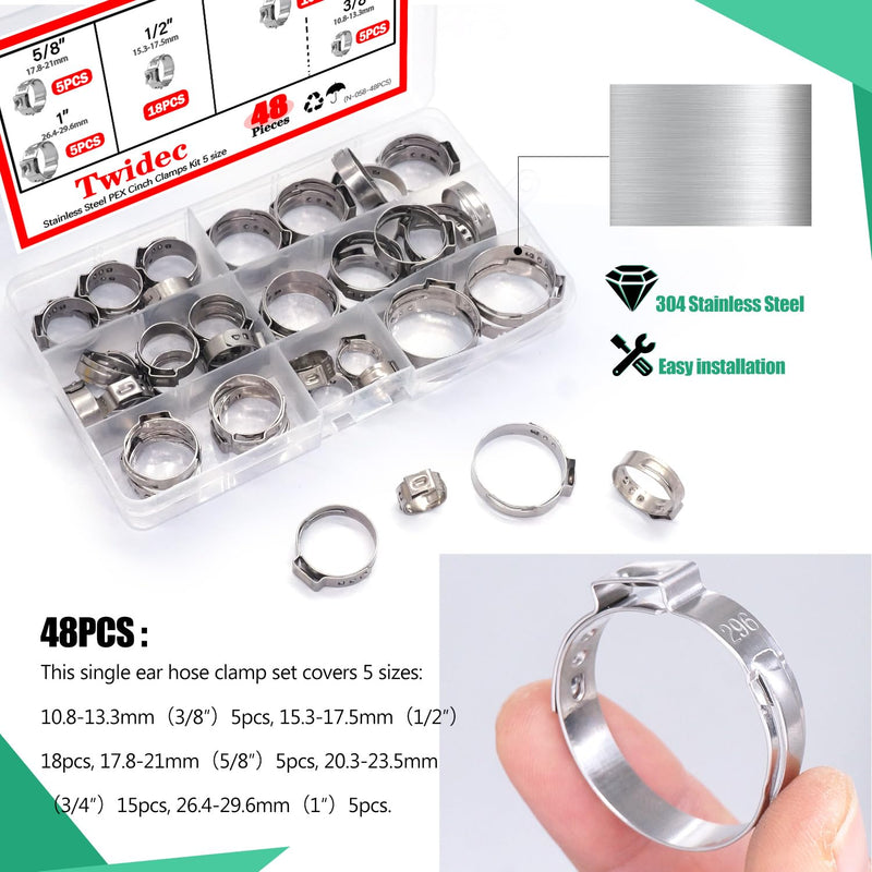Twidec/48PCS 3/8",1/2",3/4",5/8",1" PEX Cinch Clamps Kit 5 size,Stainless Steel Pex Crimp Rings,Single Ear Hose Clamps For Pex Pipe Fitting Connections N-058-48PCS 48PCS Kit