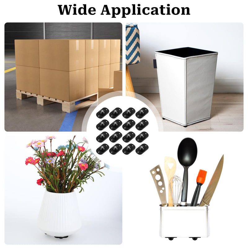 16 Pcs Self Adhesive Mini Caster Wheels 360° Swivel Mini Appliance Rollers Smooth Rotation Appliance Ball Sliders Universal Wheel Transfers for Storage Box Small Furniture Kitchen Appliances (Black)