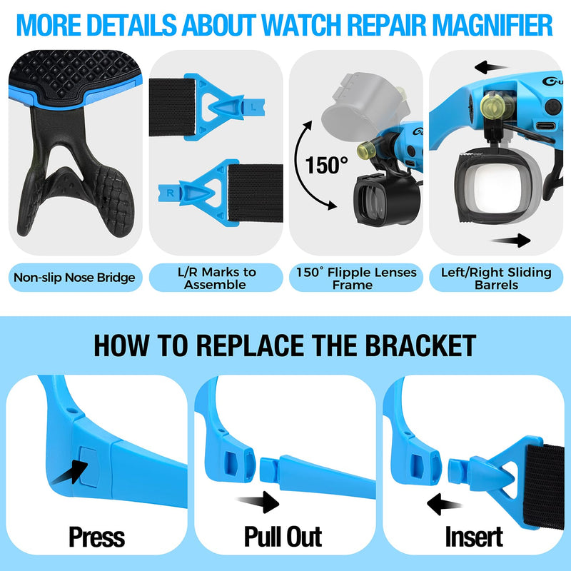 Magnifying Glass with Light, 2X 4X 6X 10X 13X Magnifying Glasses Lens, Switchable Binoculus Loupe w/Storage Case, Rechargeable Head Mount Magnifier for Close Work Watch Repair Crafts Jewelry Blue