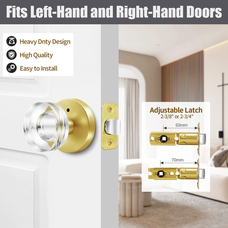 Glass Door Knobs Gold Door Knob Interior Satin Brass Privacy Door Knob for Bedroom and Bathroom Crystal Door Knob 1 Pack Privacy