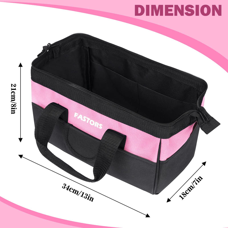 Pink Tool Bag for Women With 13-Inch Wide Mouth Double Zippers,Tool Bag With 8 Pockets Outside and 2 Pockets Inside(PINK) Pink
